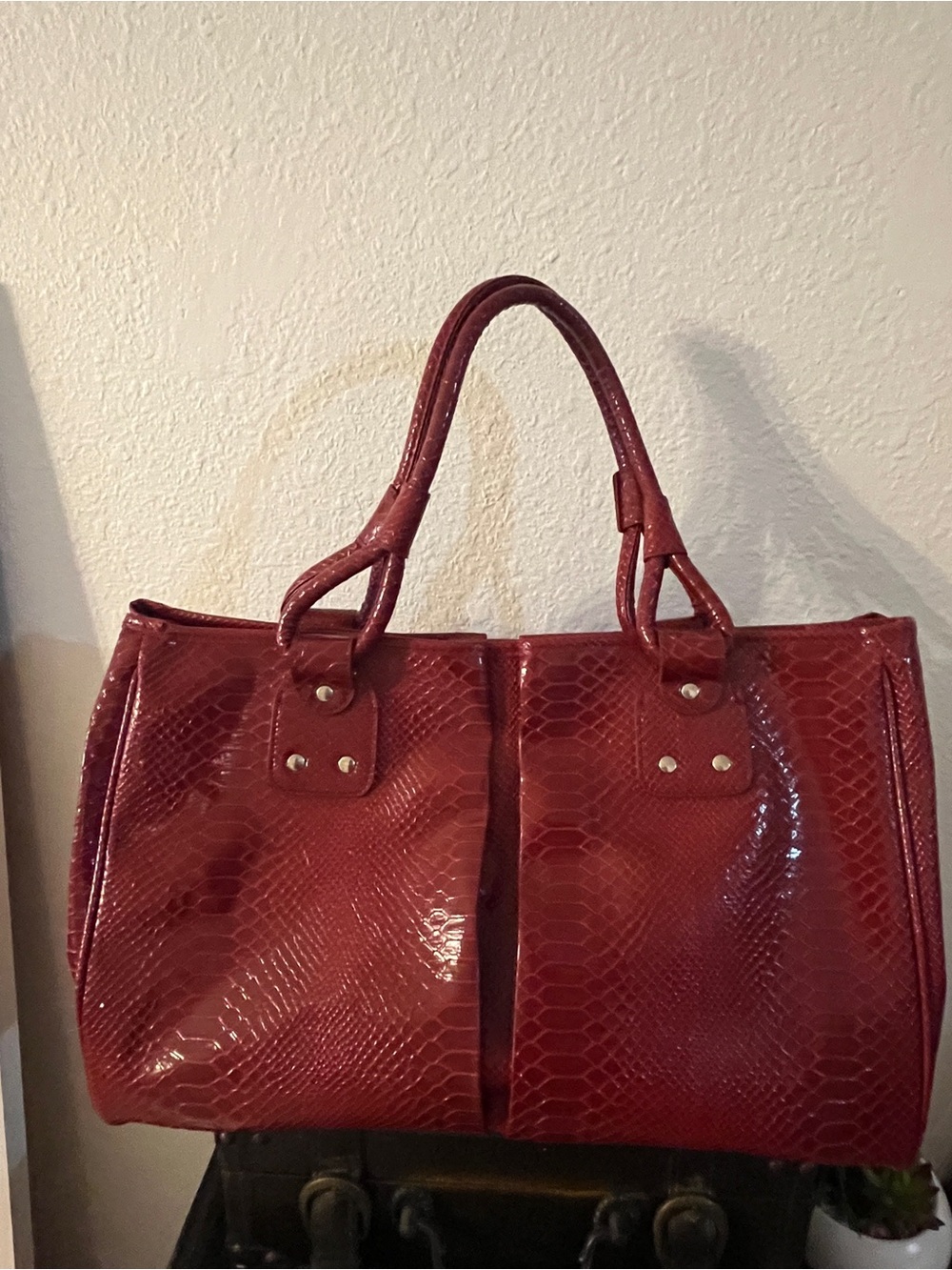 Elizabeth Arden Patent Faux-Snakeskin Tote in Deep Red
